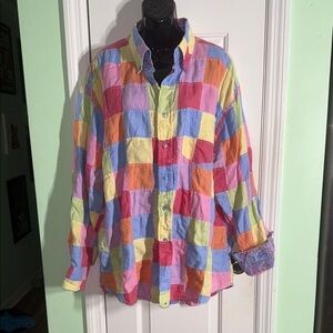 Tommy Hilfiger Colorful Vintage Oversized Patchwork Linen Y2K Button-Up Shirt XL